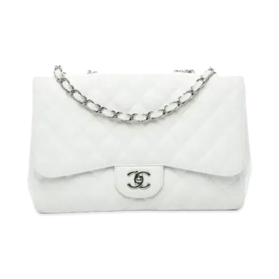 CHANEL Deca Matelasse Classic Single Flap Caviarskin "White/Silver"