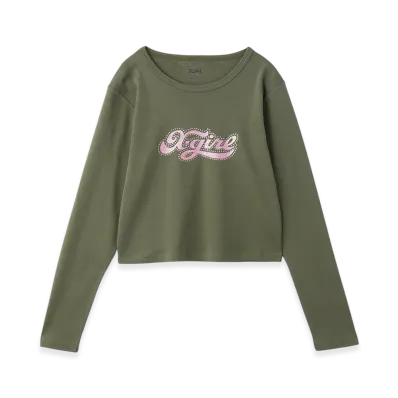 X-Girl Rhinestone And Glitter Logo L/S Baby Tee "Olive"