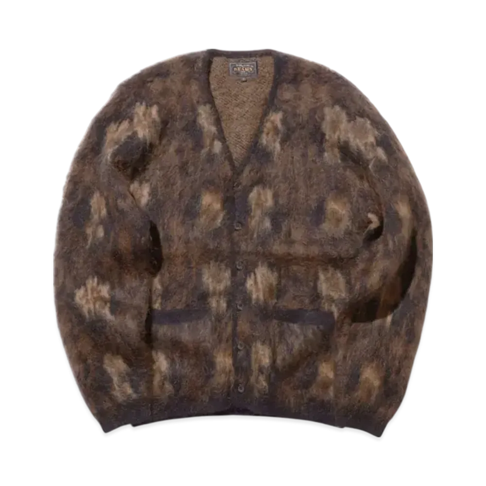 BEAMS Cardigan Double Jacquard Botanical Pattern "Black"