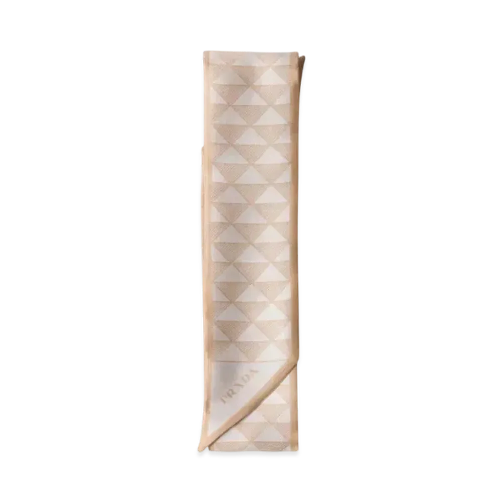 PRADA Printed Silk Skinny Scarf "Camel Beige/Off White"