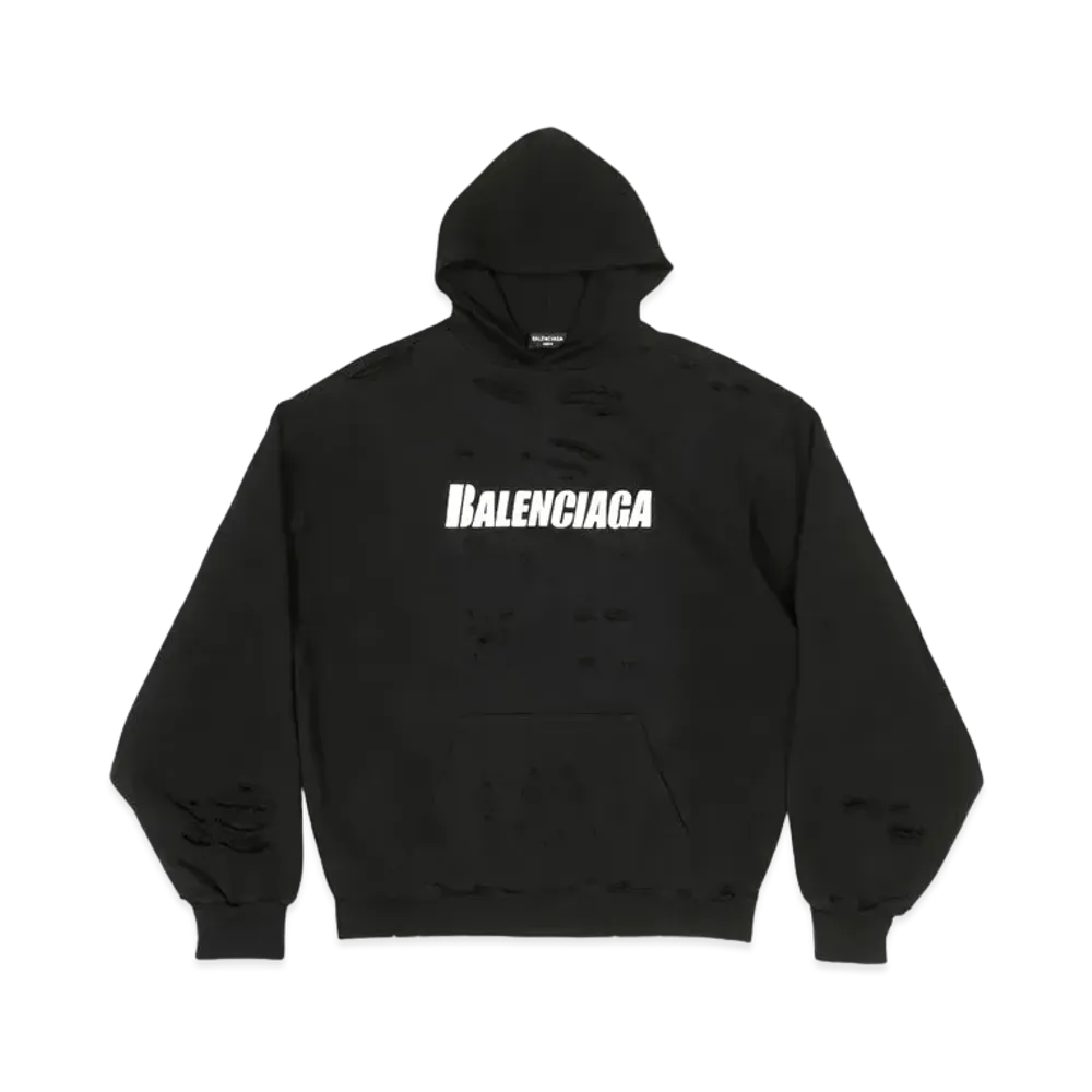 BALENCIAGA MENS Caps Destroyed Hoodie "Black/White"
