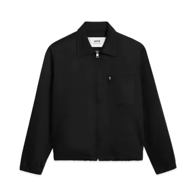 AMI PARIS Compact Cotton Satin Zip Jacket "Black"