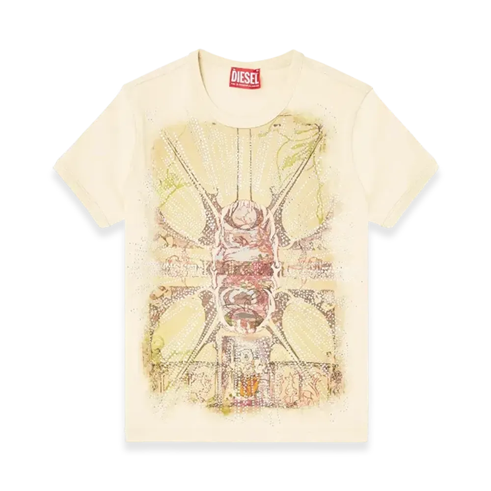 Diesel T-Uncuties-Long-R14 T-Shirt With Rhinestone Graphic "Light Brown"