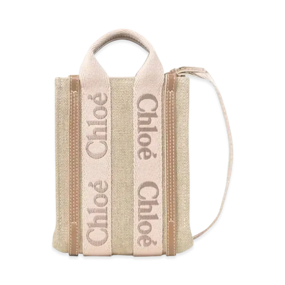 Chloe Mini Woody North South Tote Bag In Linen "Blushy Beige"