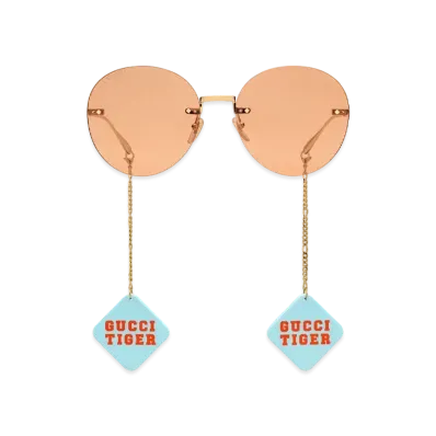 GUCCI Tiger Round-Frame Sunglasses with Pendant "Gold"