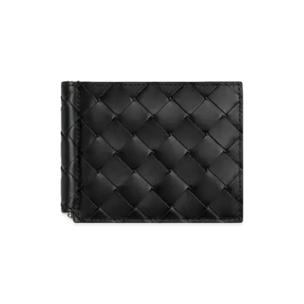 Bottega Veneta Intrecciato Calfskin Bi-fold Wallet With Money Clip "Black/Redstone"