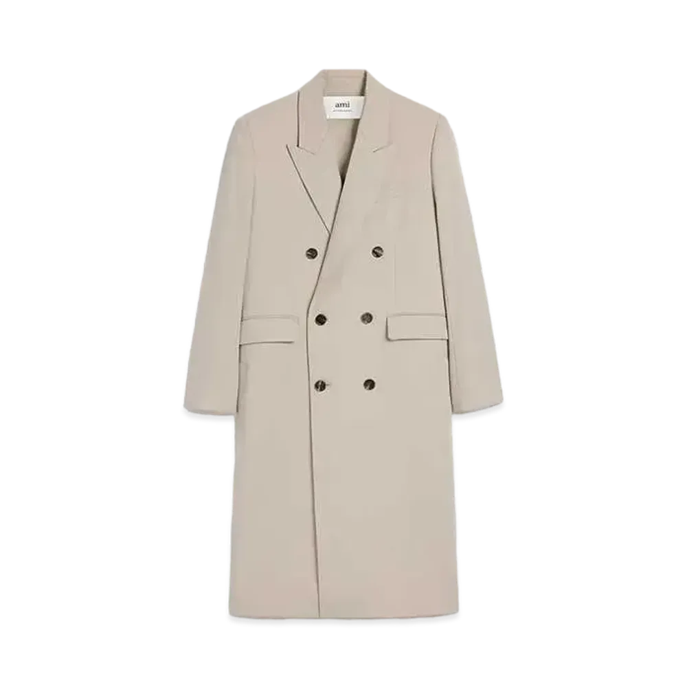 AMI PARIS Wool Gabardine Double Breast Coat "Light Beige"