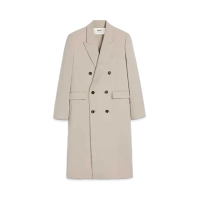 AMI PARIS Wool Gabardine Double Breast Coat "Light Beige"