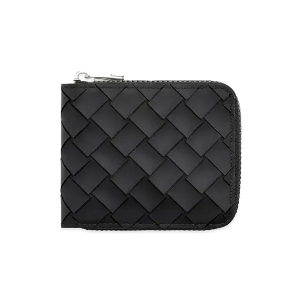 Bottega Veneta Intrecciato Rubber xNylon Compact Zip Around Wallet "Black"
