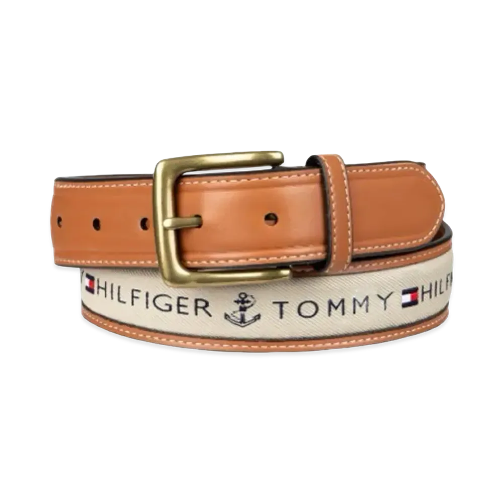 TOMMY HILFIGER Anchor Logo Ribbon Inlay Leather Belt "Khaki Stone"