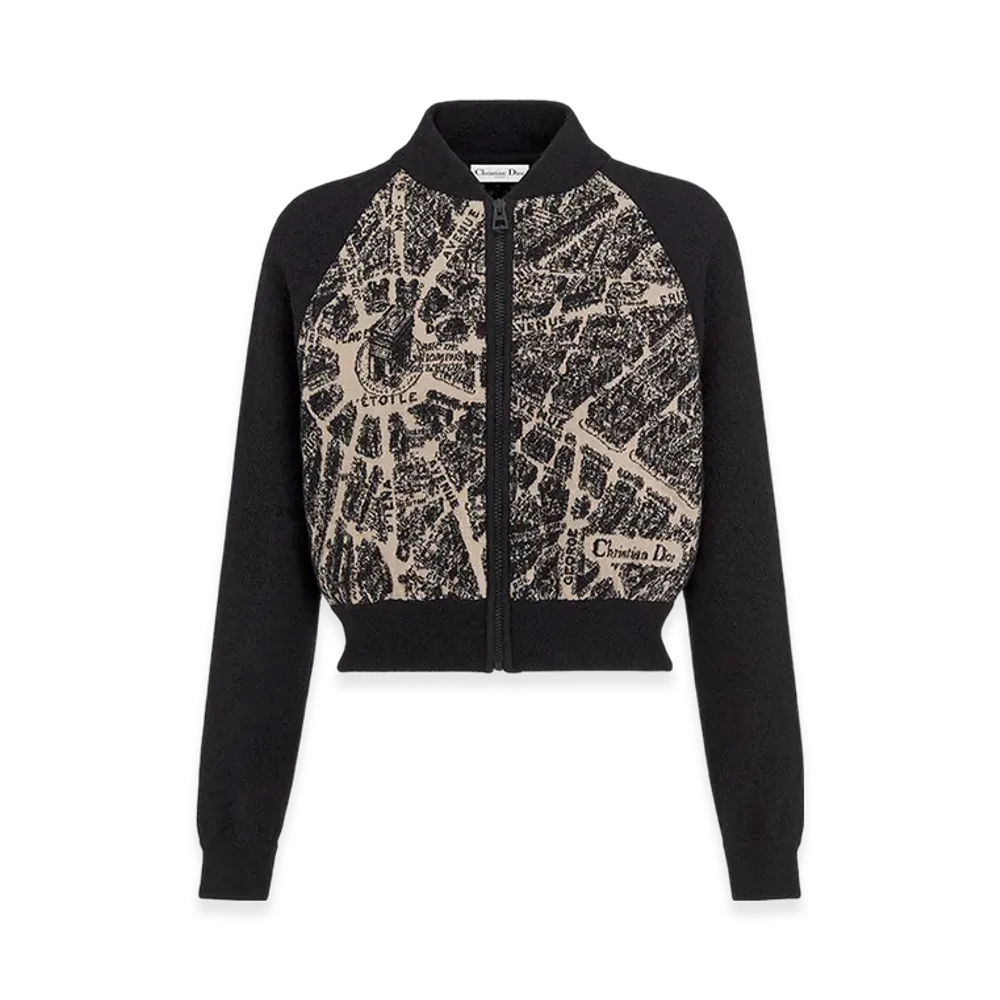 Dior Women's Bomber Jacket Technical Virgin Wool Knit Plan Paris Motif "Beige/Black"