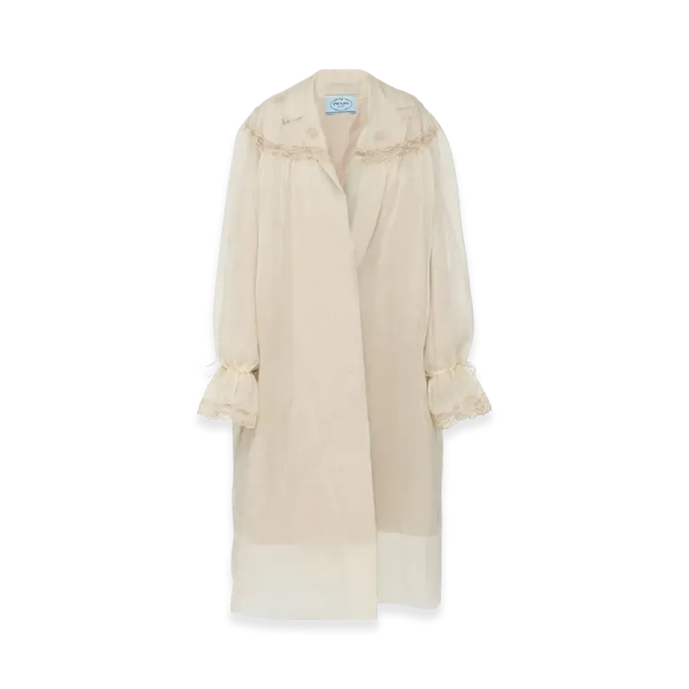 PRADA Women's Single-Breasted Nylonette and Panama Cotton Coat "Cream/Limestone"