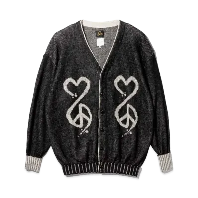 Needles x Sasquatchfabrix. V Neck Cardigan Love & Peace "Black"