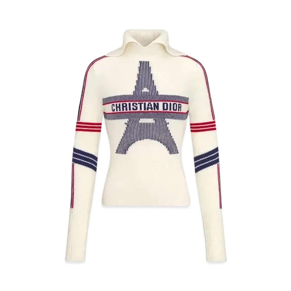 Dior DiorAlps Mock-Neck Sweater Wool and Cashmere Knit with Three-Tone Eiffel Tower Motif "White"