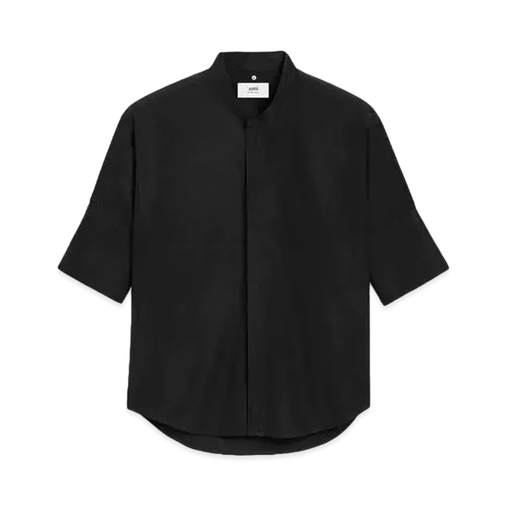 AMI PARIS Cotton Poplin Cropped Sleeve Mao Collar Over Size Shirt "Black"