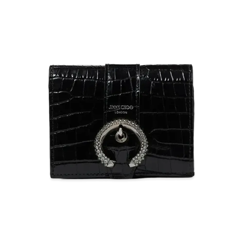 Jimmy Choo Odile Shiny Croc-Embossed Leather Wallet With Crystal Buckle "Black"