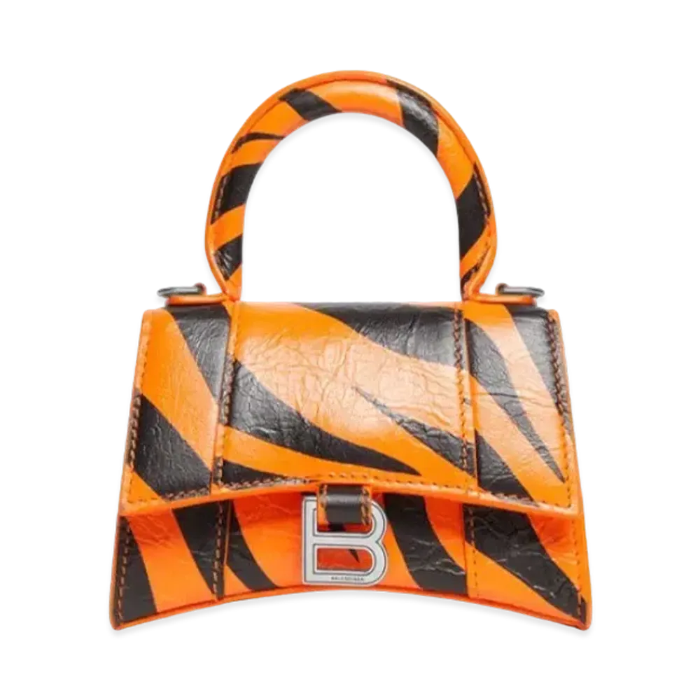 BALENCIAGA Year Of The Tiger Hourglass Mini Handbag With Chain Tiger Printed "Tangerine"