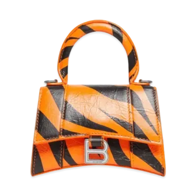 BALENCIAGA Year Of The Tiger Hourglass Mini Handbag With Chain Tiger Printed "Tangerine"