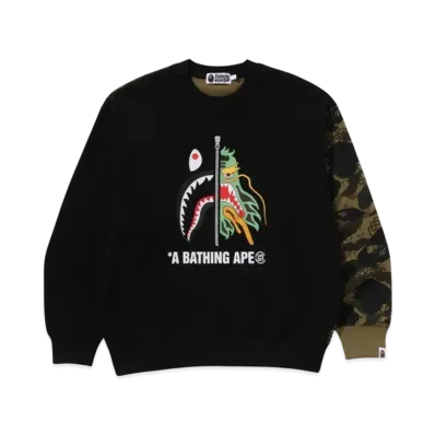 A BATHING APE x CLOT Camo Shark Patched Relaxed Fit Crewneck Sweatshirt "Green"