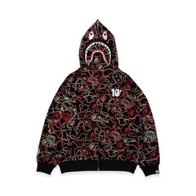 A BATHING APE x 88rising Glow In The Dark Camo Shark Full Zip Hoodie "Red"