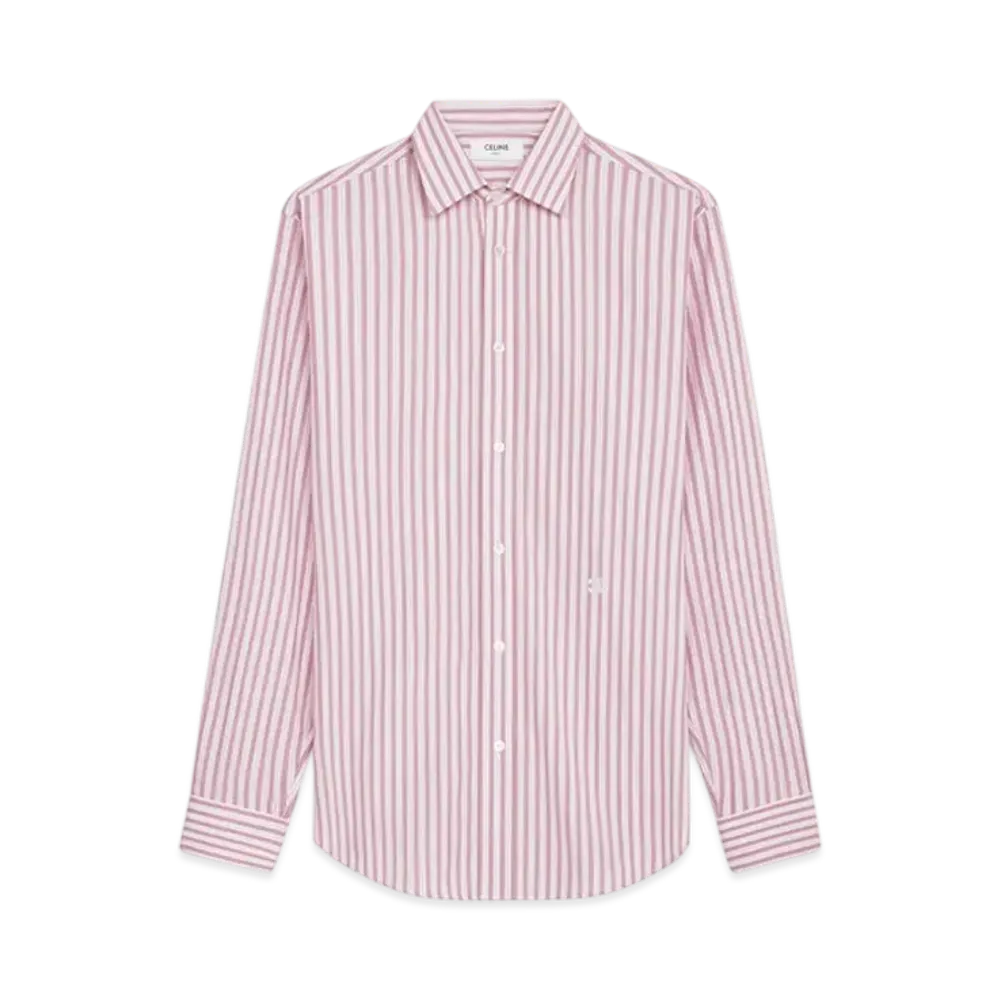 CELINE Men's Loose Shirt in Striped Cotton Poplin "White/Raspberry"