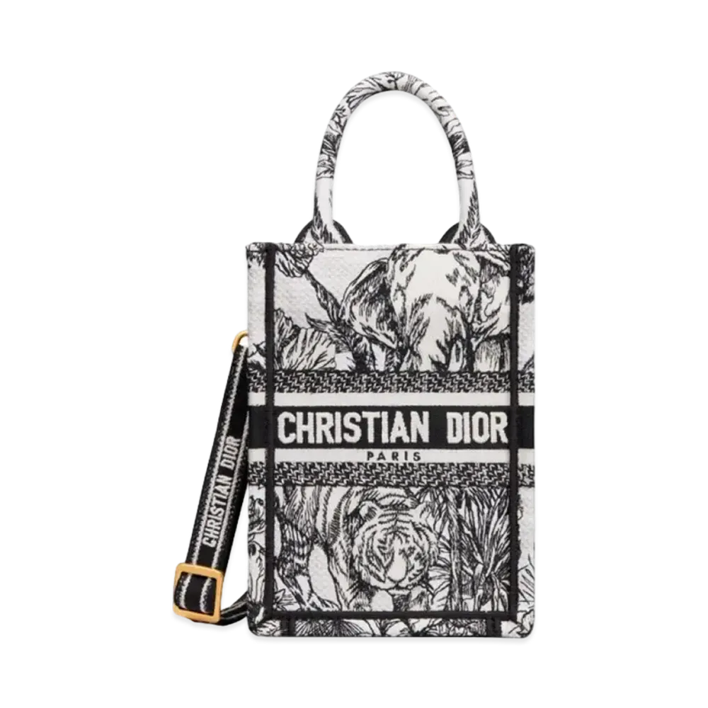 Dior Mini Dior Book Tote Phone Bag Toile De Jouy Voyage Embroidery "White/Black"