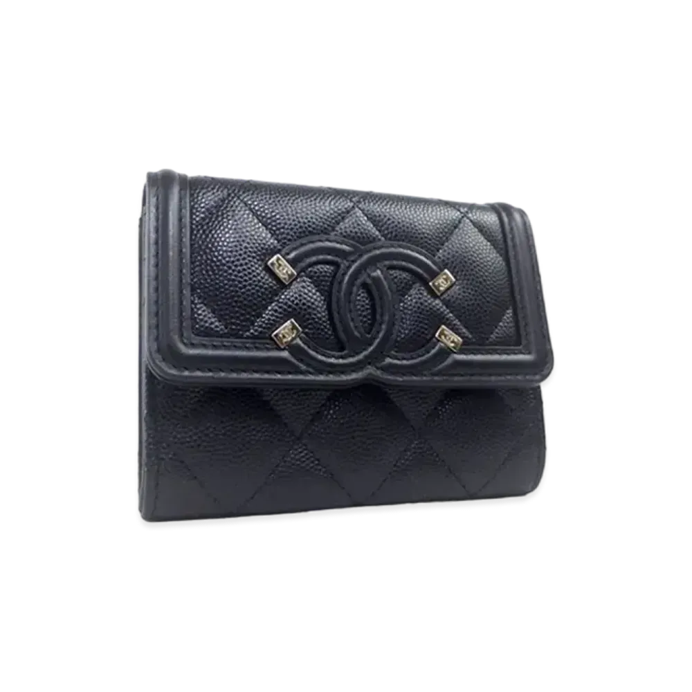 CHANEL Caviar Skin Matelasse CC Filigree Compact Wallet "Black"