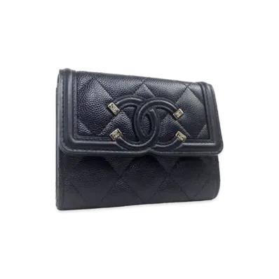 CHANEL Caviar Skin Matelasse CC Filigree Compact Wallet "Black"