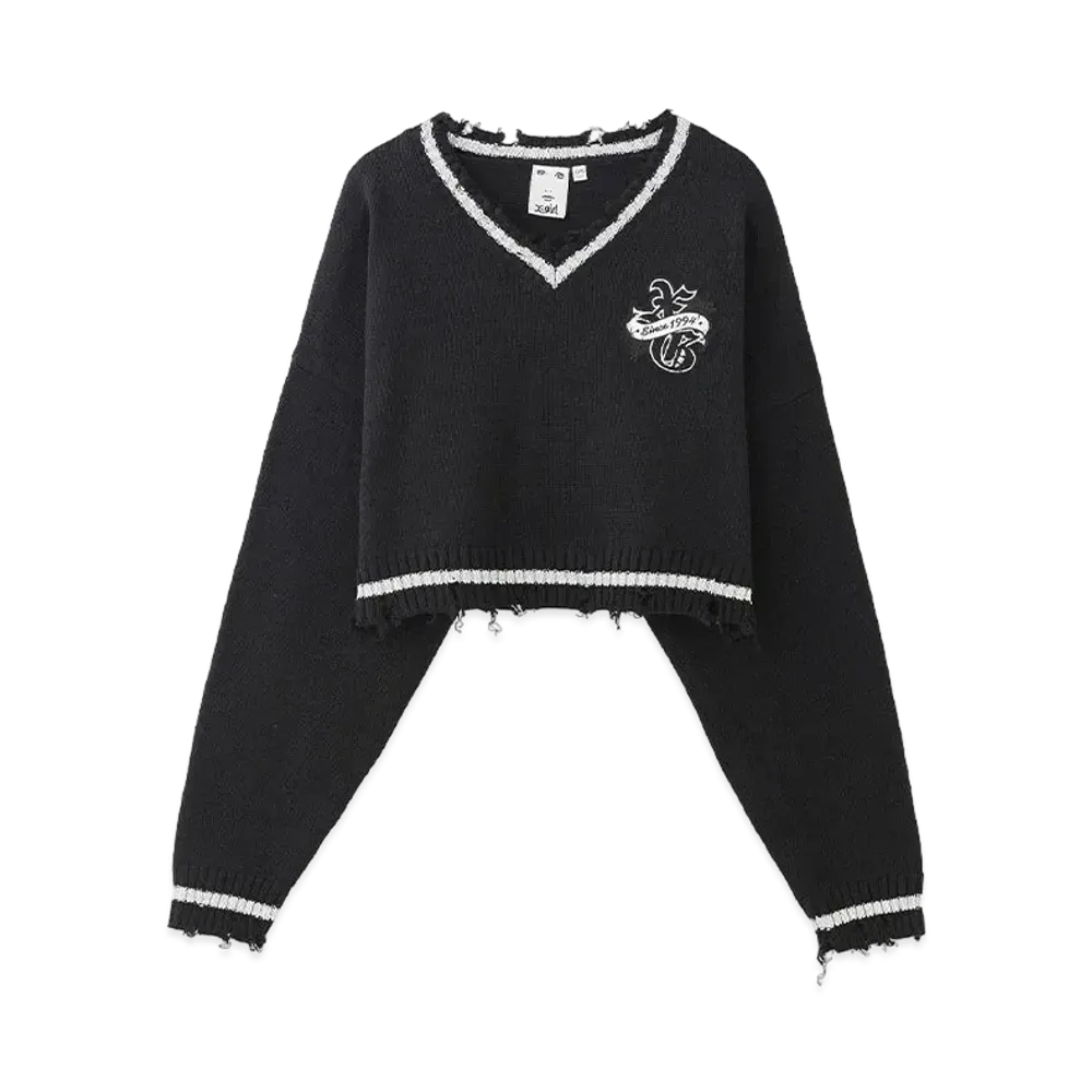 X-Girl Emblem V-Neck Knit Top "Black"