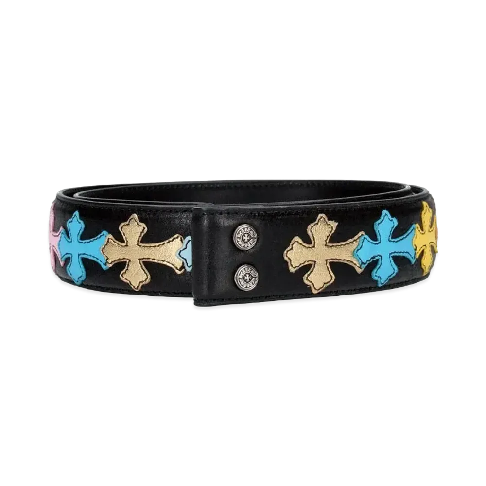 Chrome Hearts 1.5 Inch Strap Cemetery Cross Patch Leather Belt "Black/Multi Color"