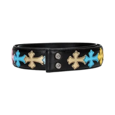 Chrome Hearts 1.5 Inch Strap Cemetery Cross Patch Leather Belt "Black/Multi Color"