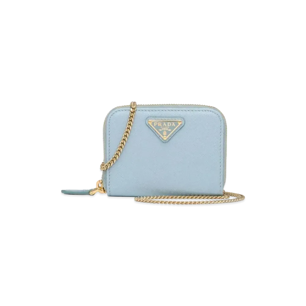 PRADA Saffiano Leather Card Holder With Shoulder Strap "Sky Blue"
