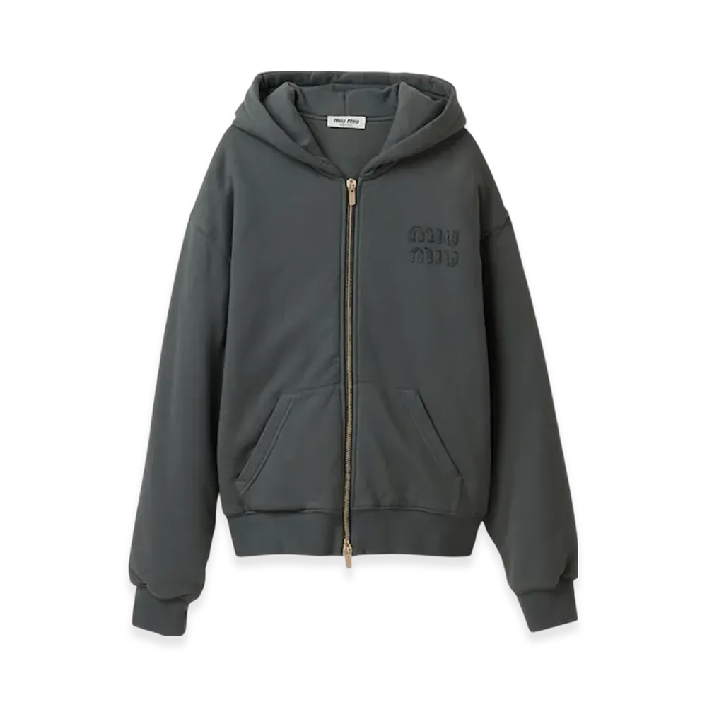 MIU MIU Women's Garment Dyed Cotton Fleece Hoodie "Iron Gray"