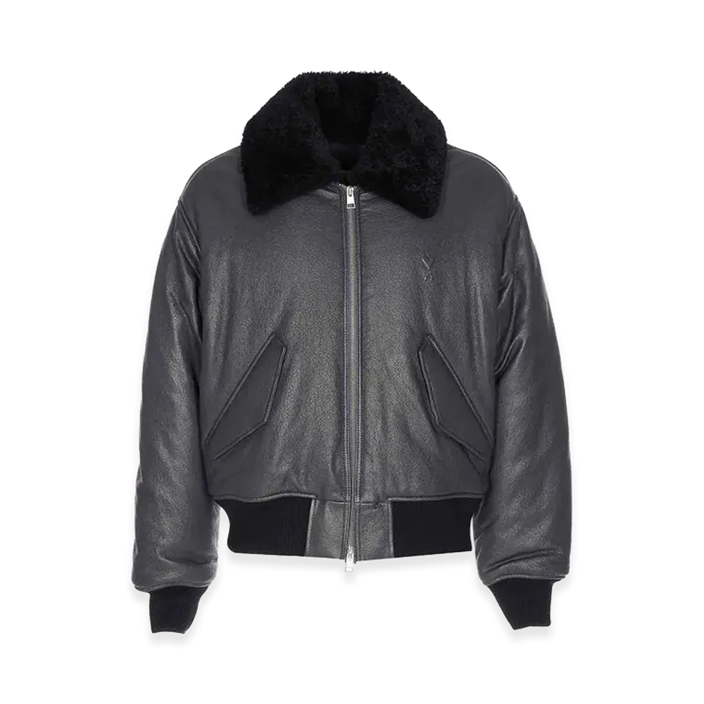 AMI PARIS Leather Bomber Zip Closure "Gray/Black"