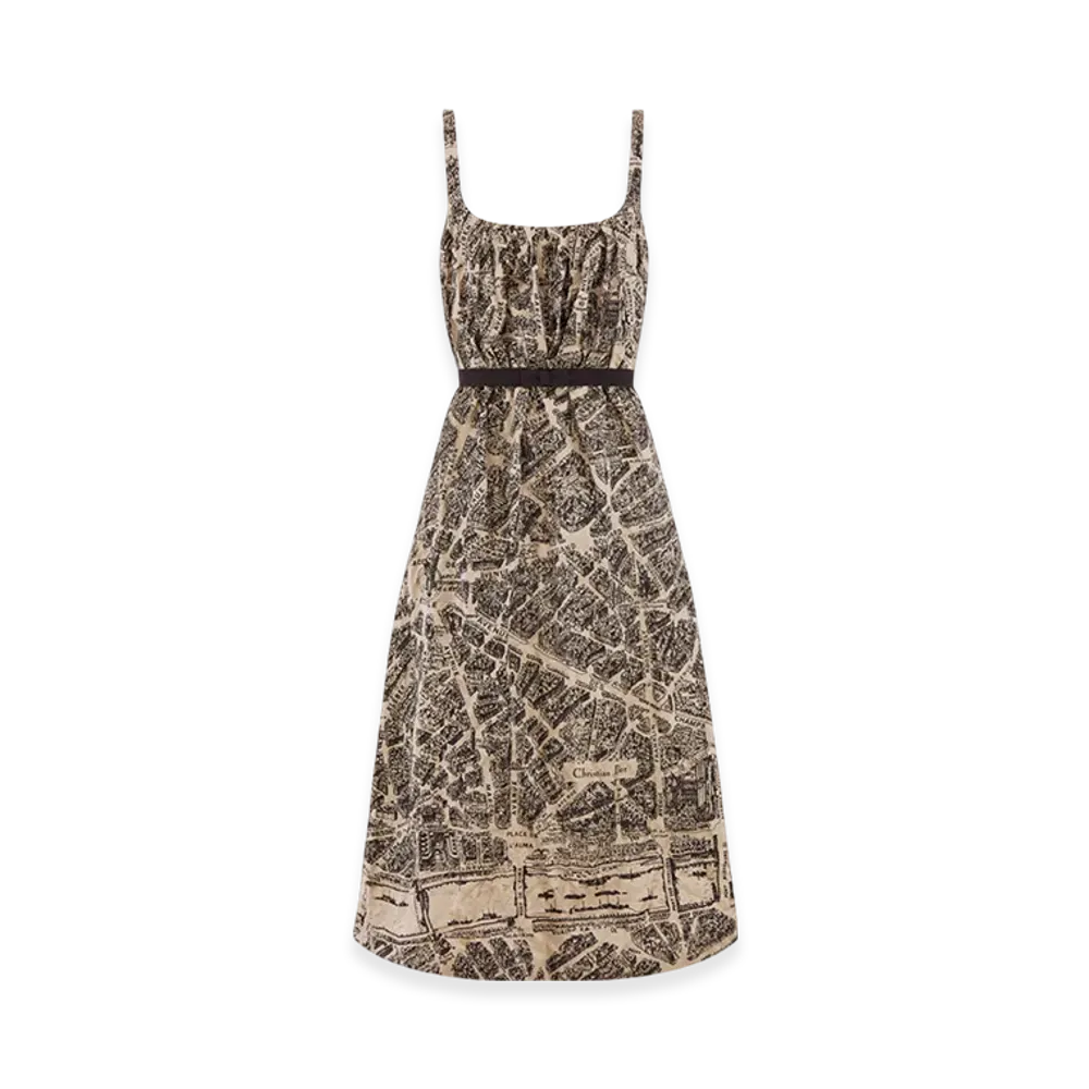 Dior Women's Belted Mid-Length Dress Technical Silk Radzimir Plan Paris Motif "Beige/Black"