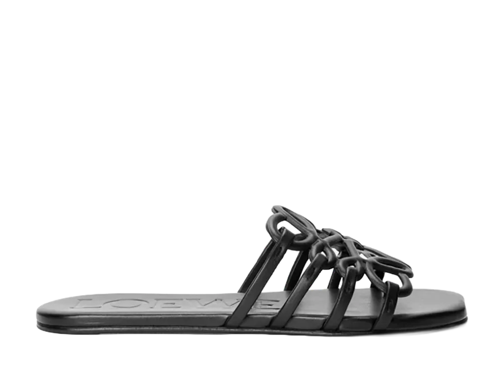 LOEWE Women's Petal Anagram Slide in Soft Calfskin "Black"