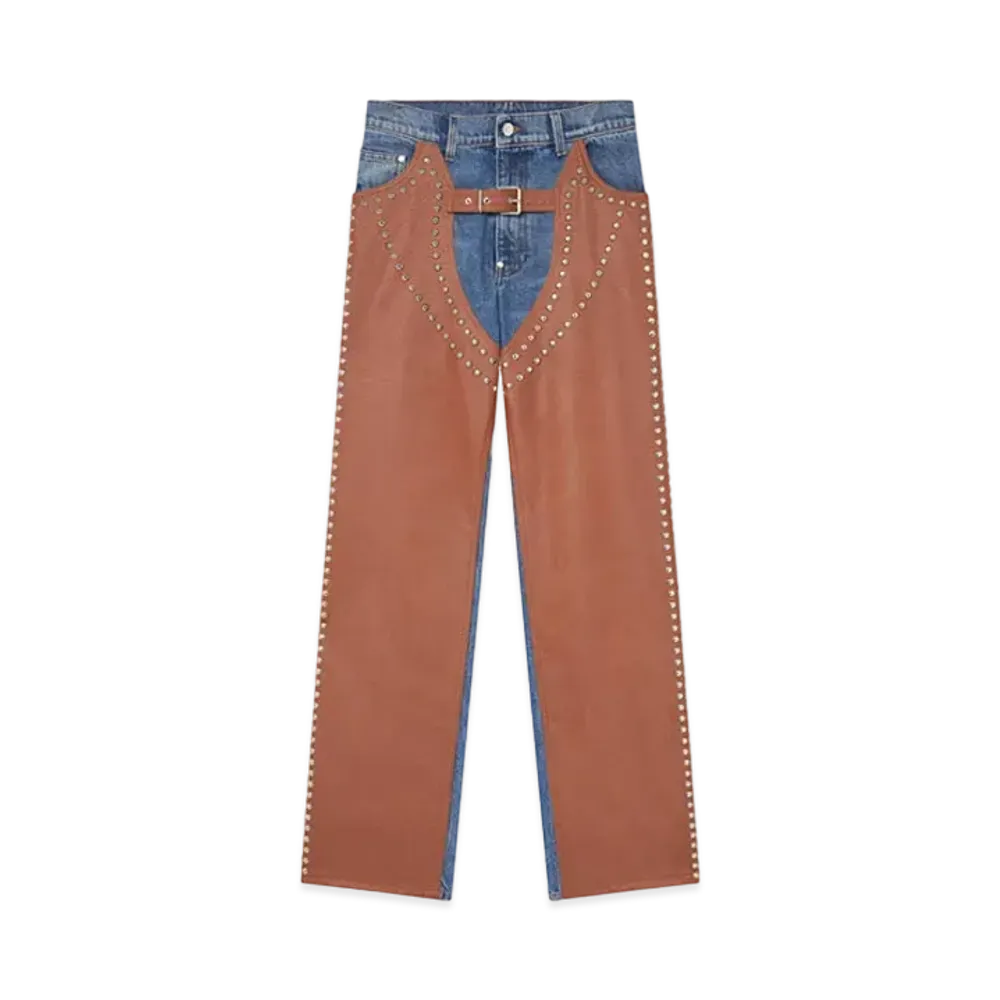 STELLA McCARTNEY Chaps High-Rise Straight-Leg Jeans "Blue Denim/Brown"