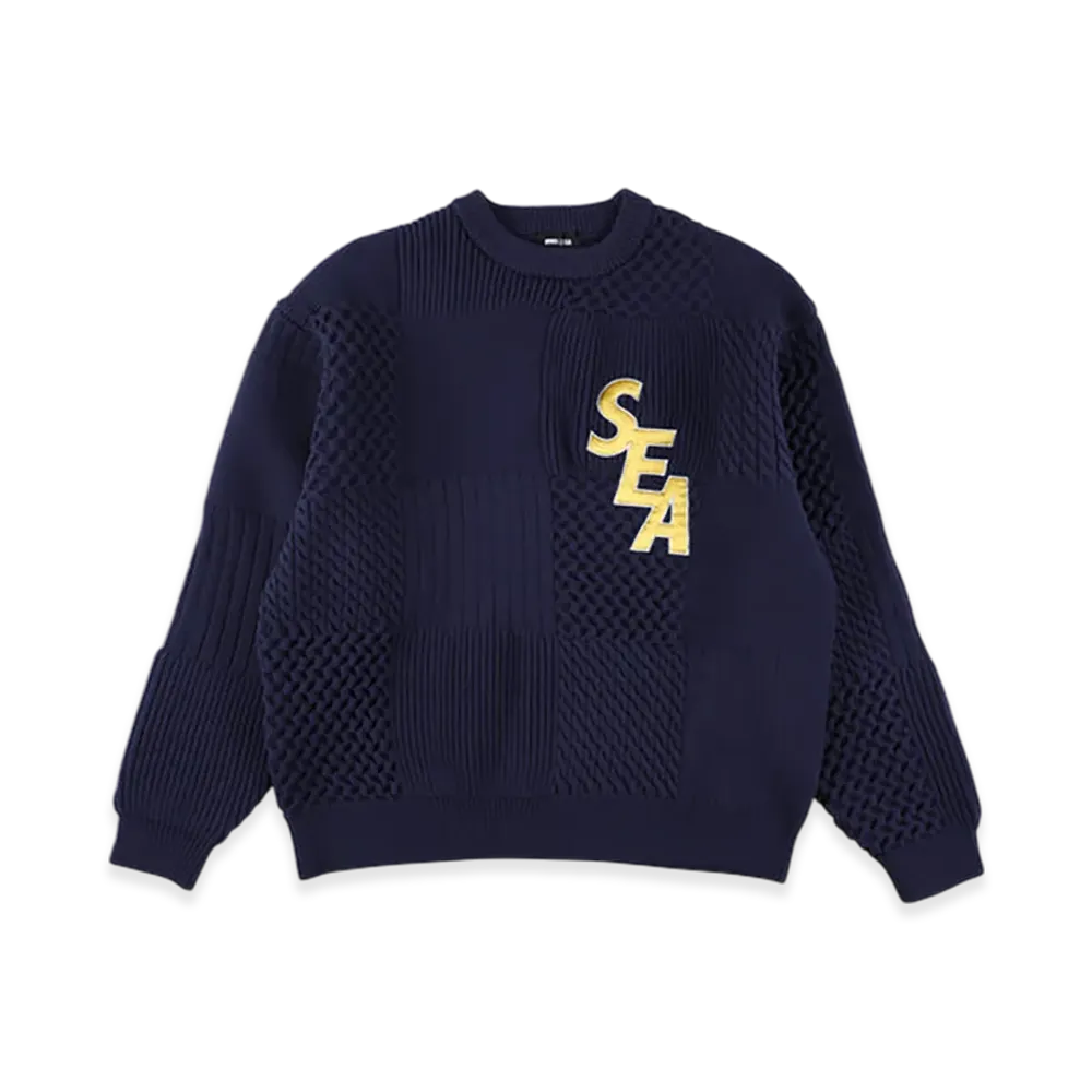 WIND AND SEA Patchwork Knit Sweater "Navy"