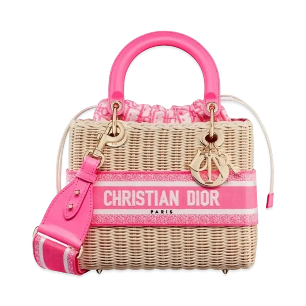 Dior Medium Lady Bag Natural Wicker Dior Oblique Jacquard "Fluorescent Pink"