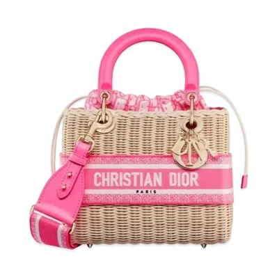 Dior Medium Lady Bag Natural Wicker Dior Oblique Jacquard "Fluorescent Pink"