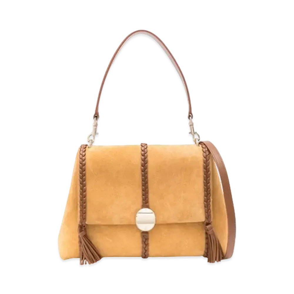 Chloe Penelope Medium Soft Shoulder Bag Suede Calfskin With Leather Braids "Safari Gold"
