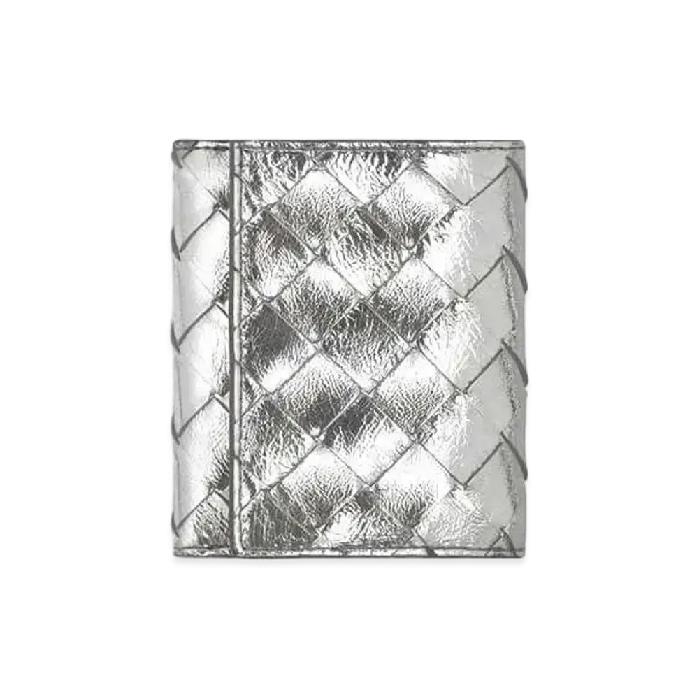 Bottega Veneta Intrecciato Lambskin TriFold Mini Wallet "Silver"