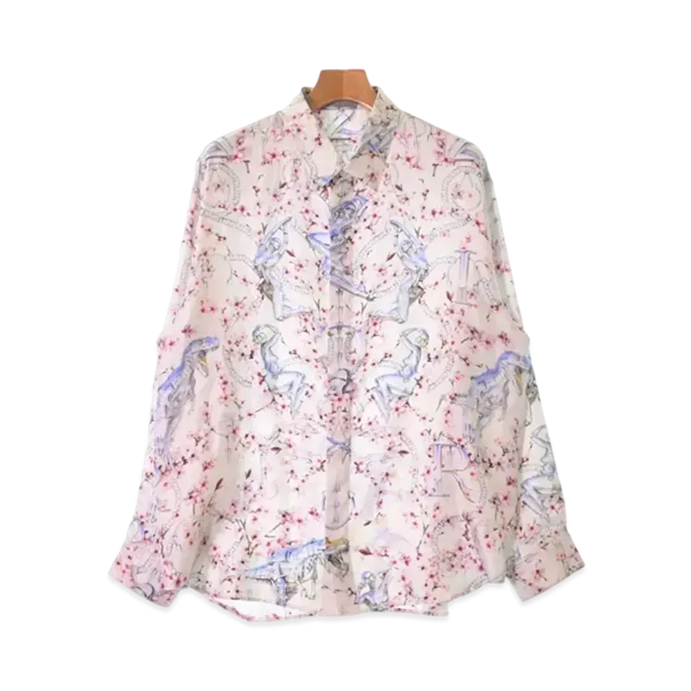 Dior x Hajime Sorayama Men's Flower Robot Allover Pattern Silk Long Sleeve Shirt "Beige"
