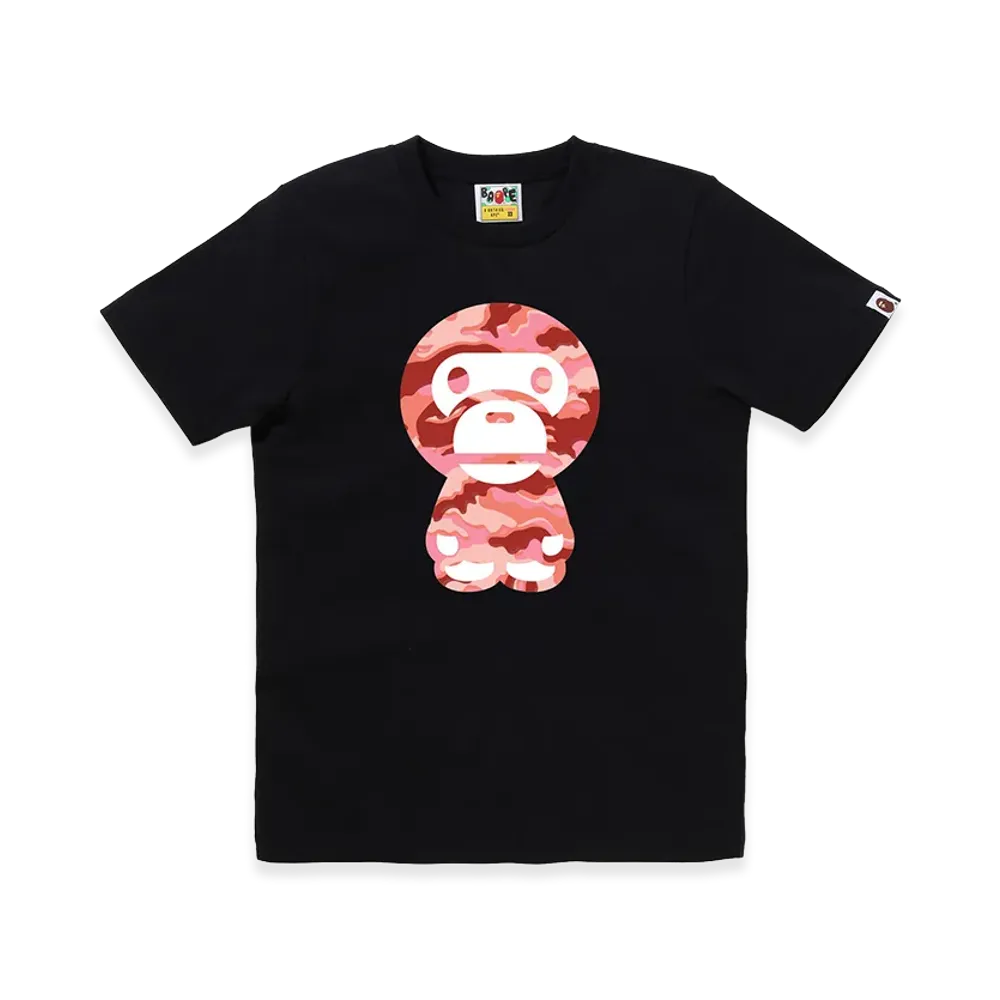 A BATHING APE Women's Glitch Woodland Camo Big Baby Miro Tee "Black/Pink"