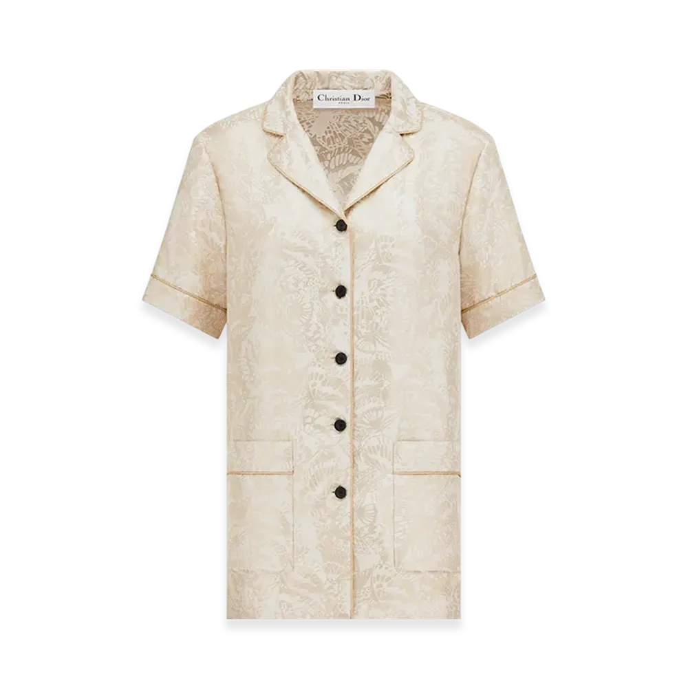 Dior Women's Short-Sleeved Shirt Silk Twill Gold Tone Allover Butterfly Motif "White/Gold"
