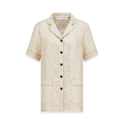 Dior Women's Short-Sleeved Shirt Silk Twill Gold Tone Allover Butterfly Motif "White/Gold"