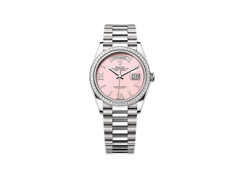 ROLEX Day-Date 36mm White Gold Diamond 128399TBR "Pink Opal"