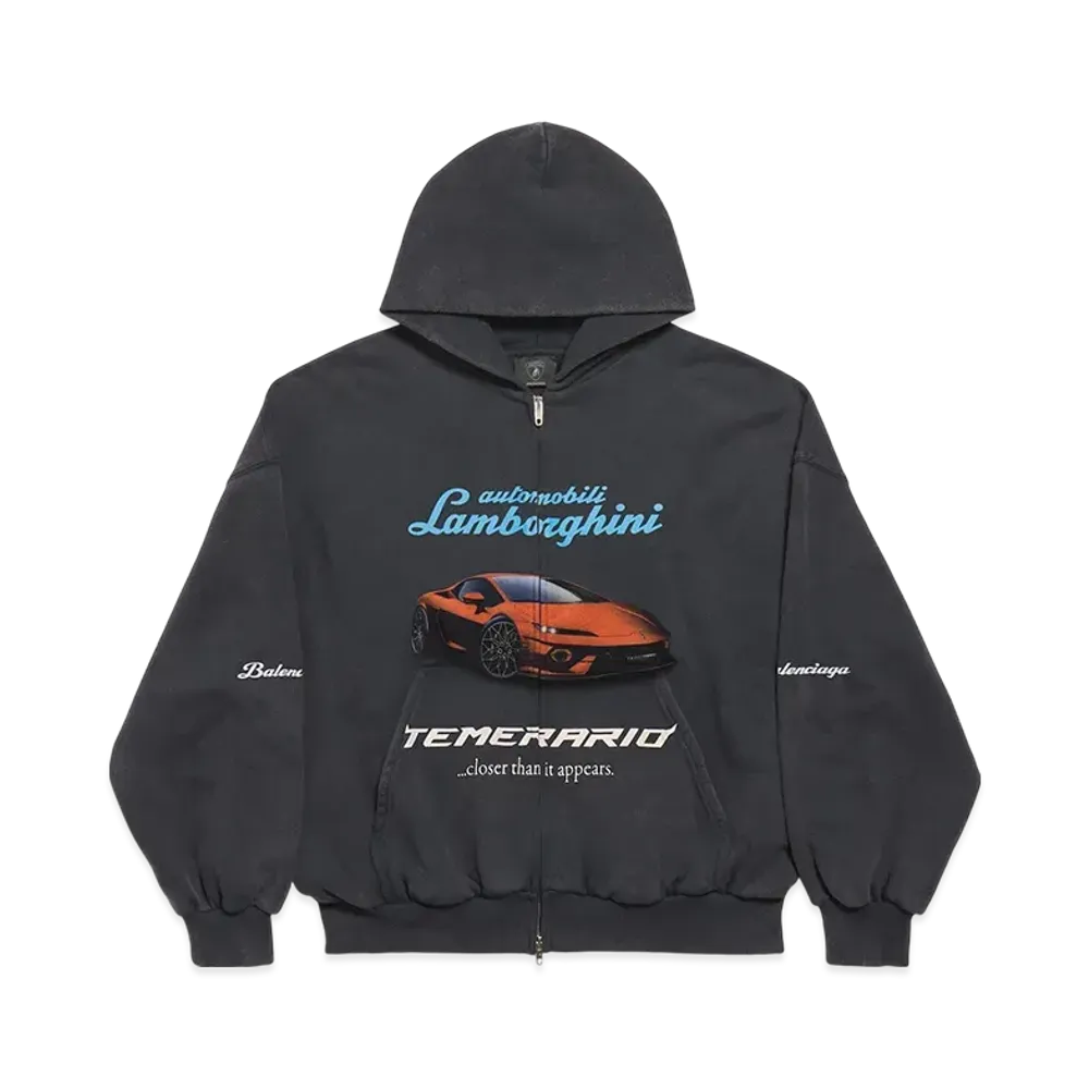 BALENCIAGA Automobili Lamborghini Men's Zip-Up Hoodie Small Fit "Faded Black"
