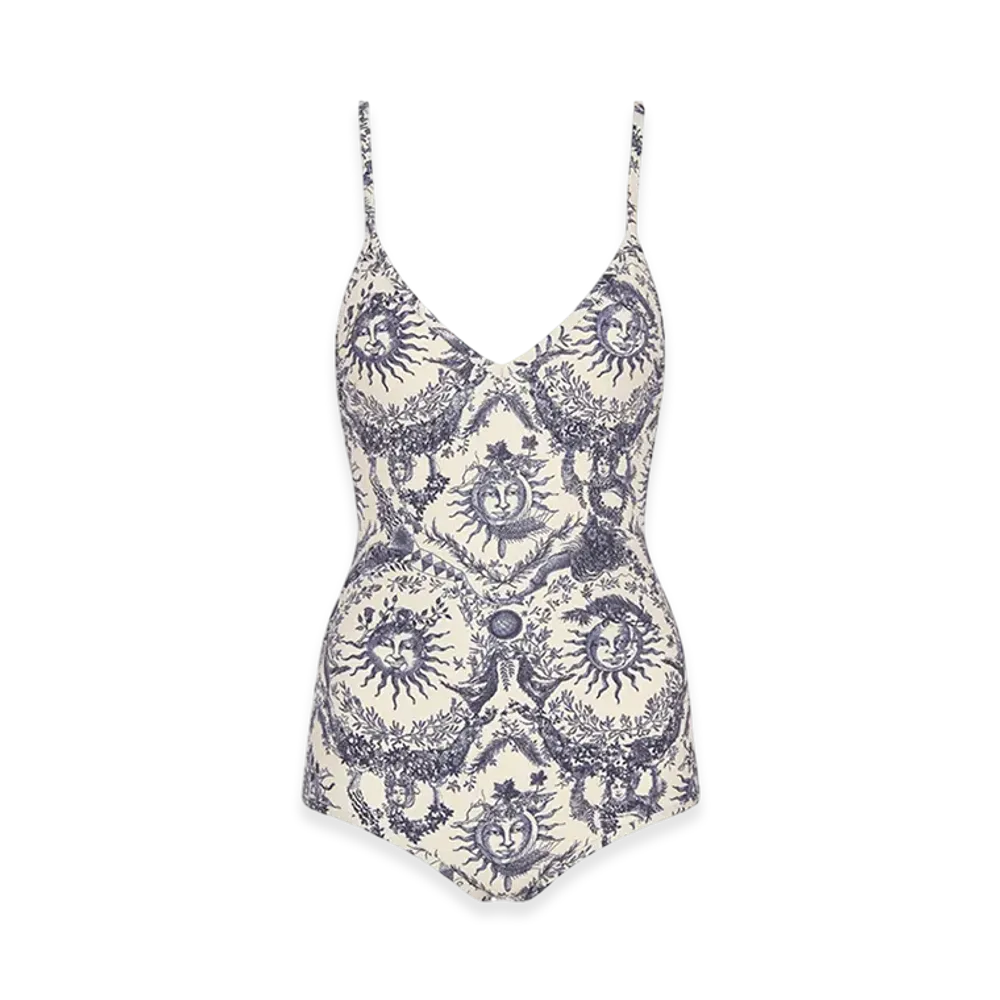 Dior Women's One-Piece Swimsuit Toile Soleil Motif "White/Navy Blue"