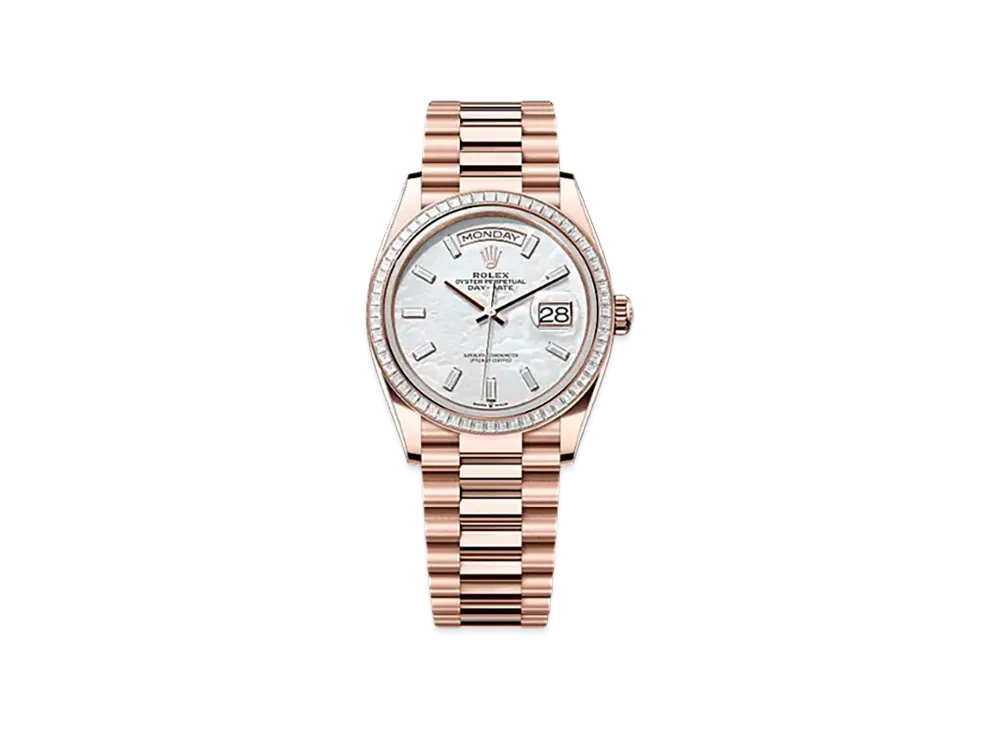 ROLEX Day-Date 36mm Everose Gold Diamond 128395TBR "White Mother-of-Pearl"